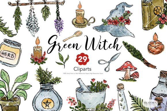 29 Green Witch Watercolor Clipart for Magical Designs