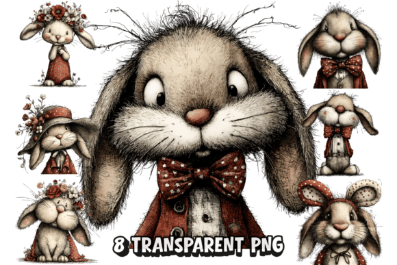 8 Vintage Bunny Portrait PNG: Whimsical Design Assets