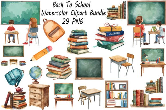 Back to School Classroom Clipart Bundle: Vintage Watercolor Charm