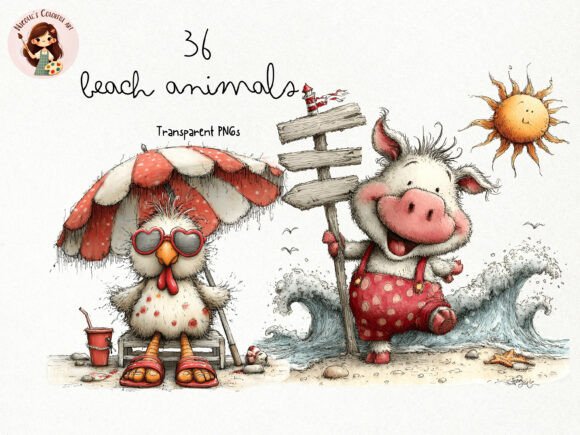 Beach Farm Animals PNG Clipart Set: A Designer's Delight