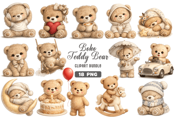 Boho Teddy Bear Baby Clipart PNG Bundle