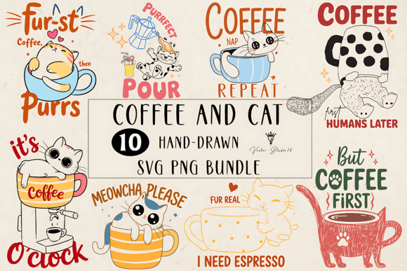 Cat Coffee Hand Drawn SVG PNG Bundle: Creative Uses