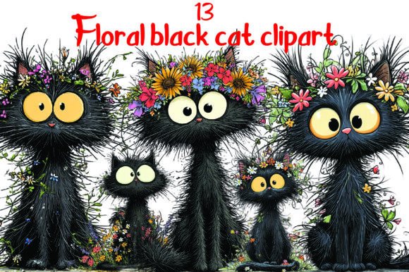 Charming Floral Black Cat Clipart for Creative Designs