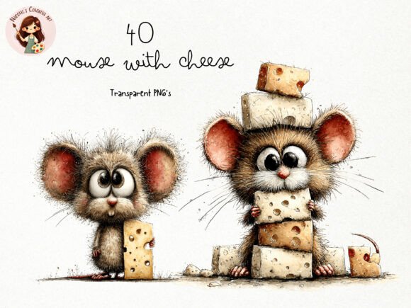 Charming Watercolor Illustrations: The Cute Mouse Cheese Clipart PNG Set