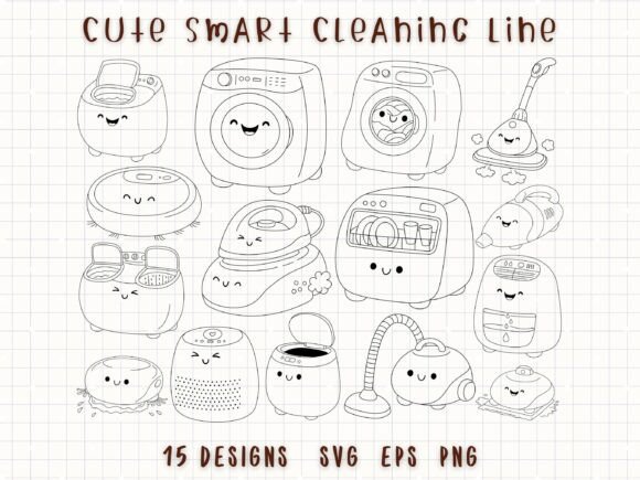 Cute Cleaning Machines SVG: Adorable Line Art for Modern Projects