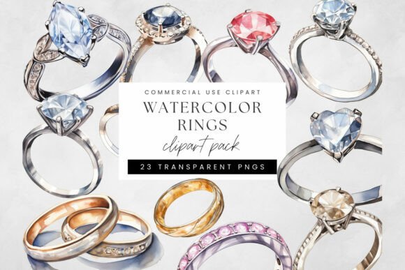 Elevate Projects with Watercolor Rings Clipart: Diamond & Gems