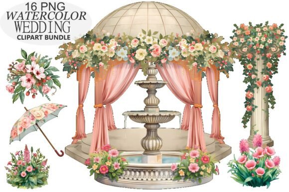Elevate Your Wedding Designs with the Watercolor Wedding Gazebo Clipart Bundle