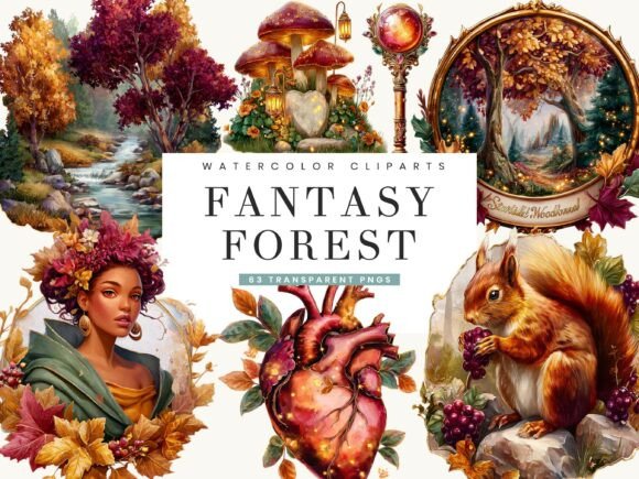 Watercolor Fantasy Forest Clipart: Enchanting Digital Assets