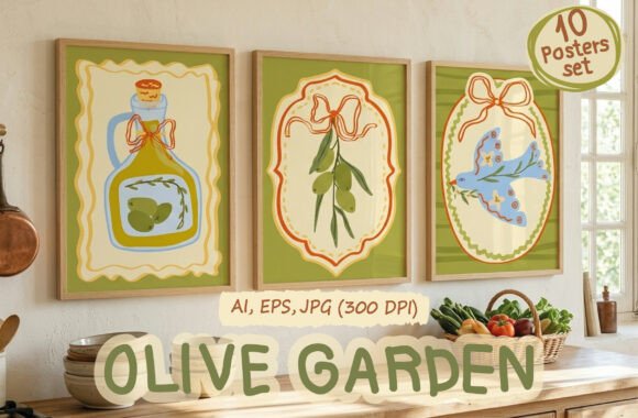 Whimsical Olive Garden Poster Print Set: Mediterranean Charm
