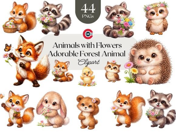 Woodland Adorable Animals with Flowers: A Designer's Clipart Collection